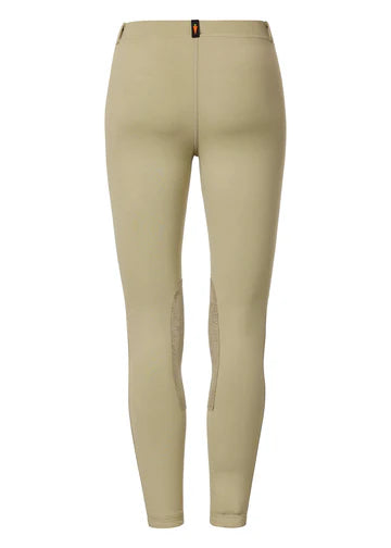Beige riding tights shown rear view on a white background