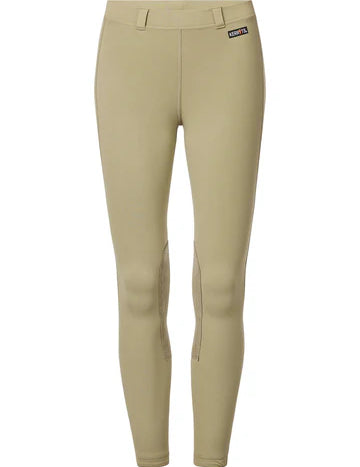 Beige riding tights shown front view on a white background