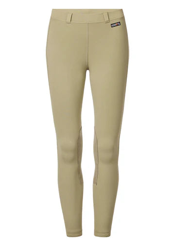 Beige riding tights shown front view on a white background