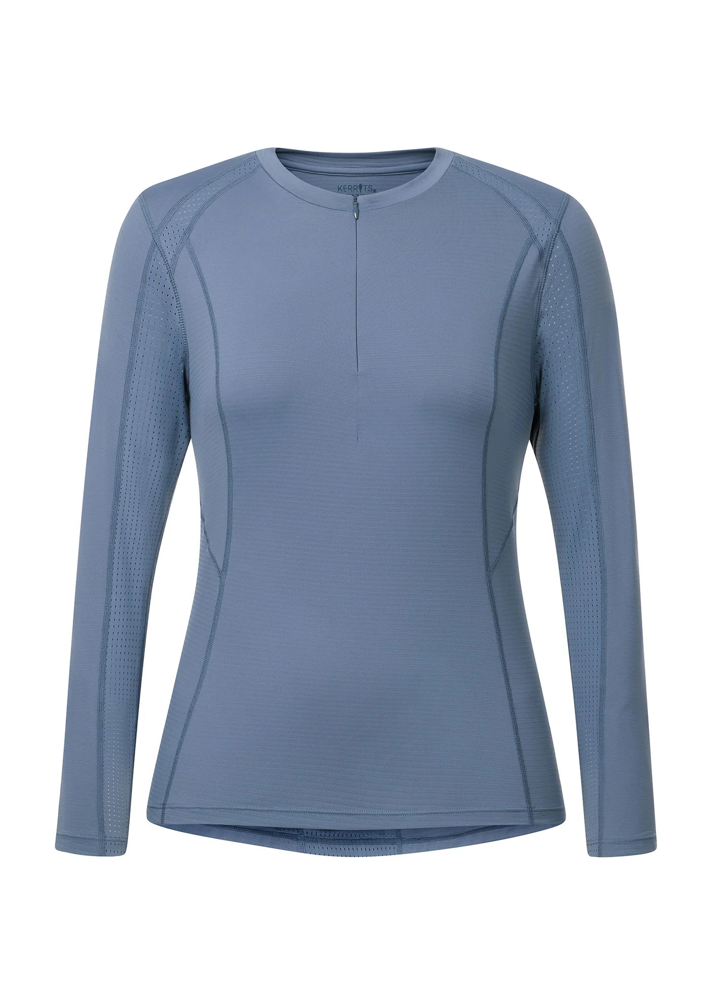 Blue long sleeve crew neck riding top shown front view on a white background
