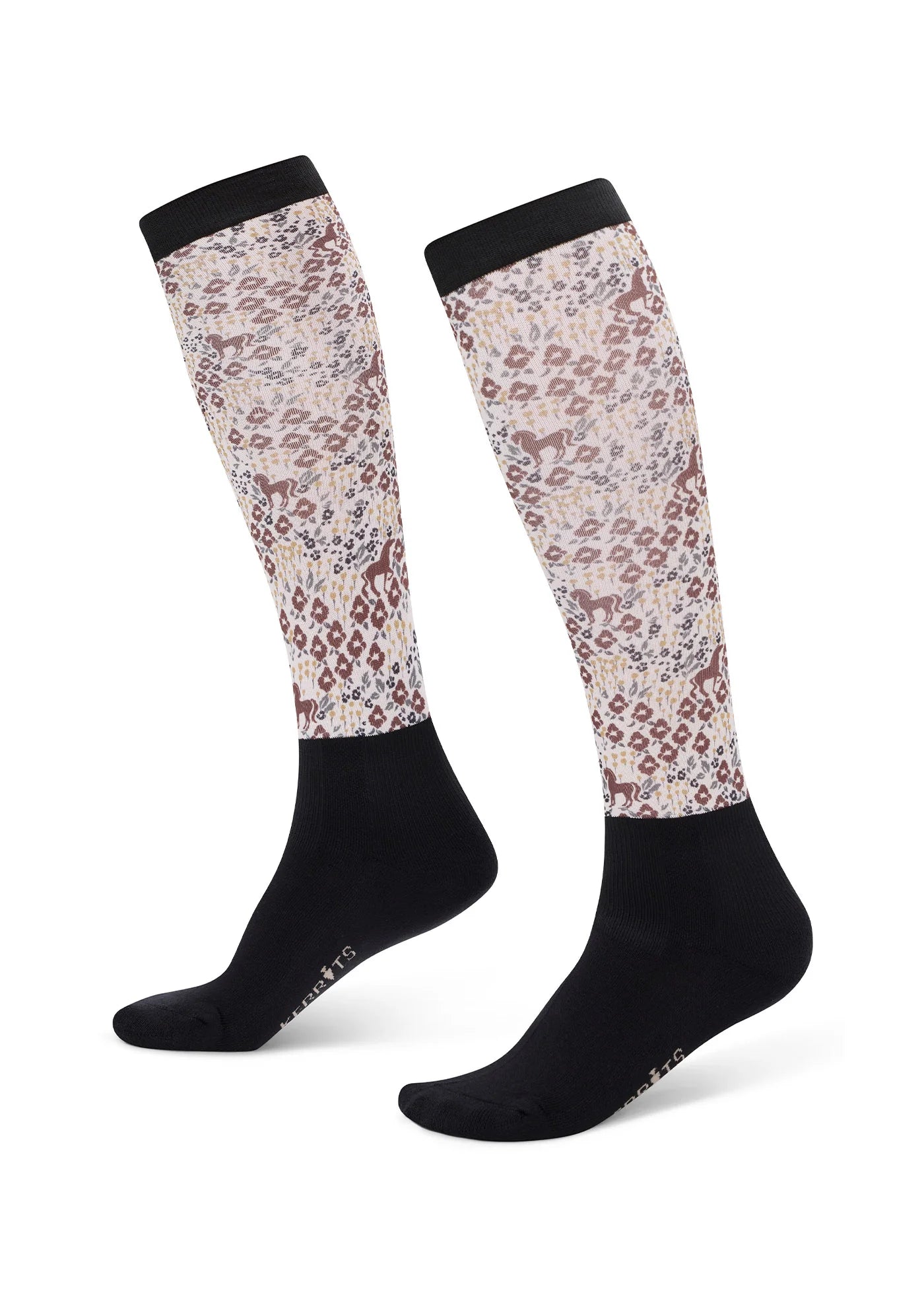 Left and right side view of a pair of Dual Zone Boot Socks in the color Mocha Equine Meadow