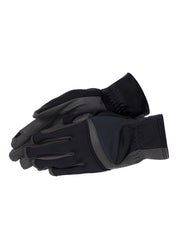 Front and back views of a pair of black Kerrits Coolcore Riding Gloves on a white background