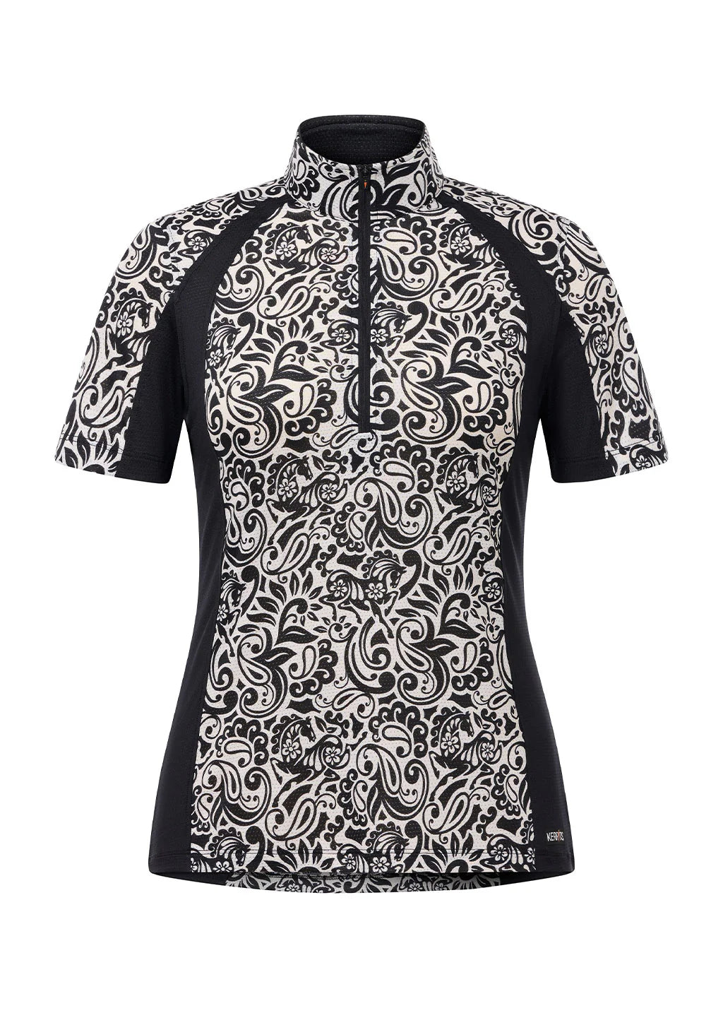 Short sleeve riding shirt with black and white pattern shown front view on a white background