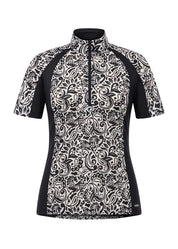 Short sleeve riding shirt with black and white pattern shown front view on a white background