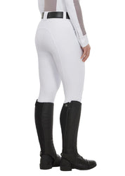 Angled back view of a model wearing the white Kerrits Affinity Pro Full Seat Breech on a white background