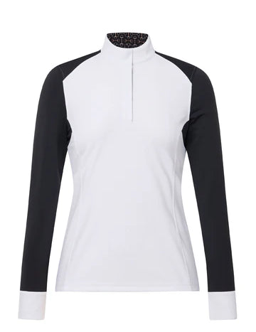 Front view of the Kerrits Affinity Pro Long Sleeve Show Shirt in white with black sleeves on a white background