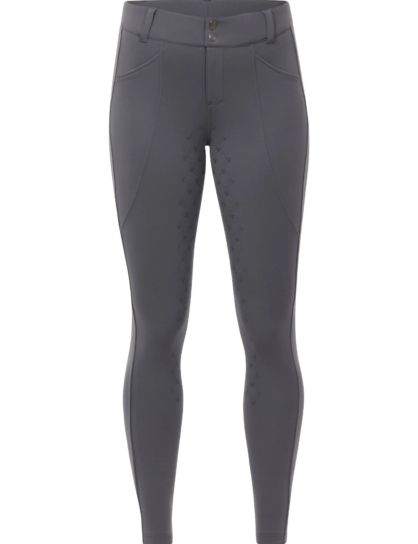Front view of the gray Kerrits Free Motion Coolcore Full Seat Breech on a white background