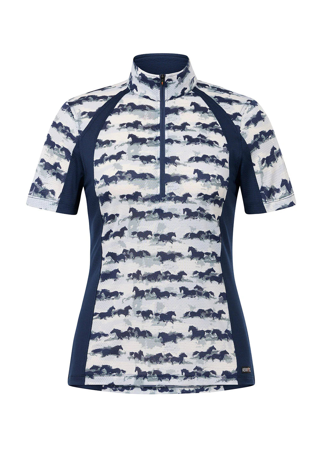Short sleeve riding shirt with horse print and quarter zip shown front view on a white background