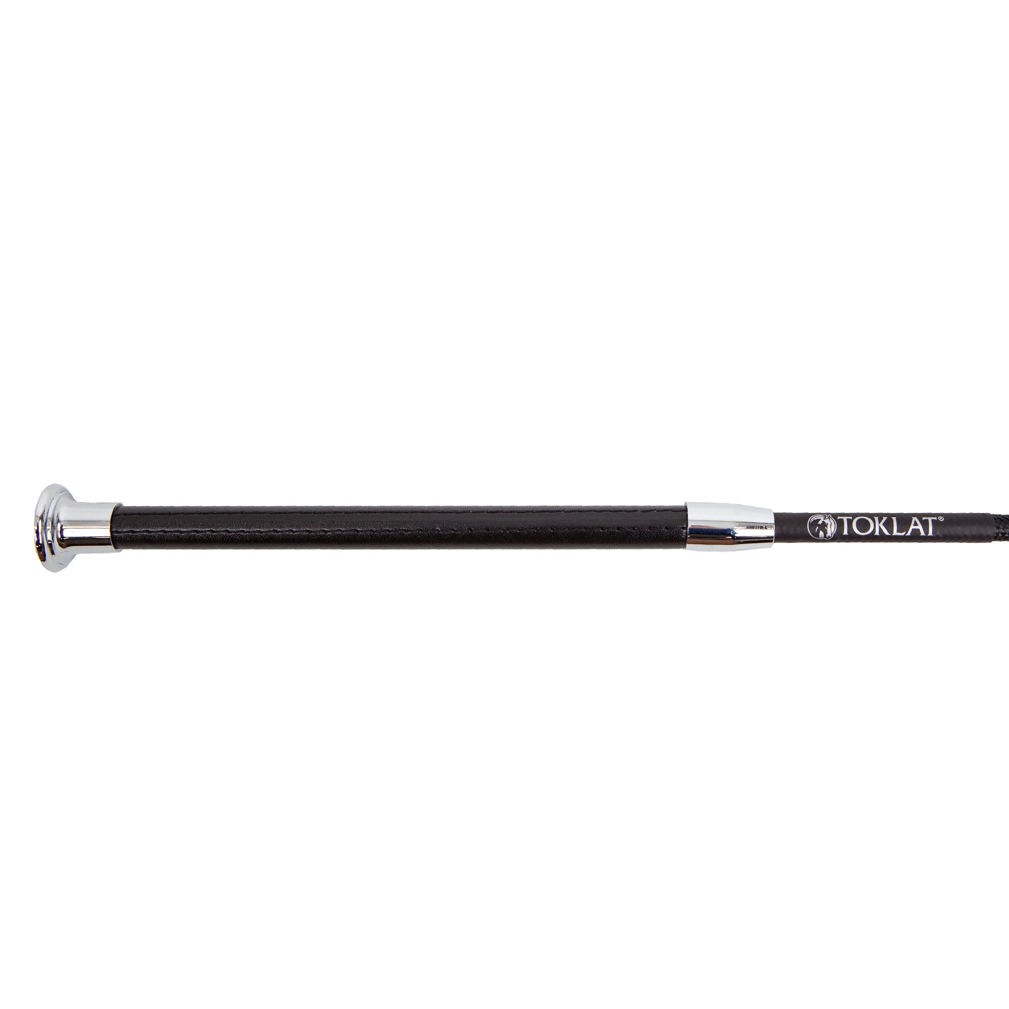 Close-up view of the handle on the black Toklat Dressage Whip on a white background