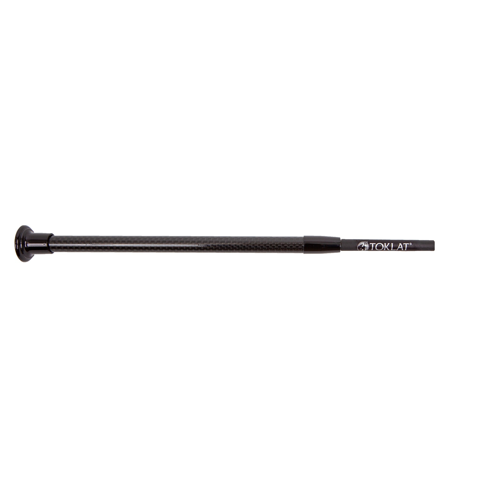 Close-up view of the handle on the black Toklat Carbon Fiber Dressage Whip on a white background