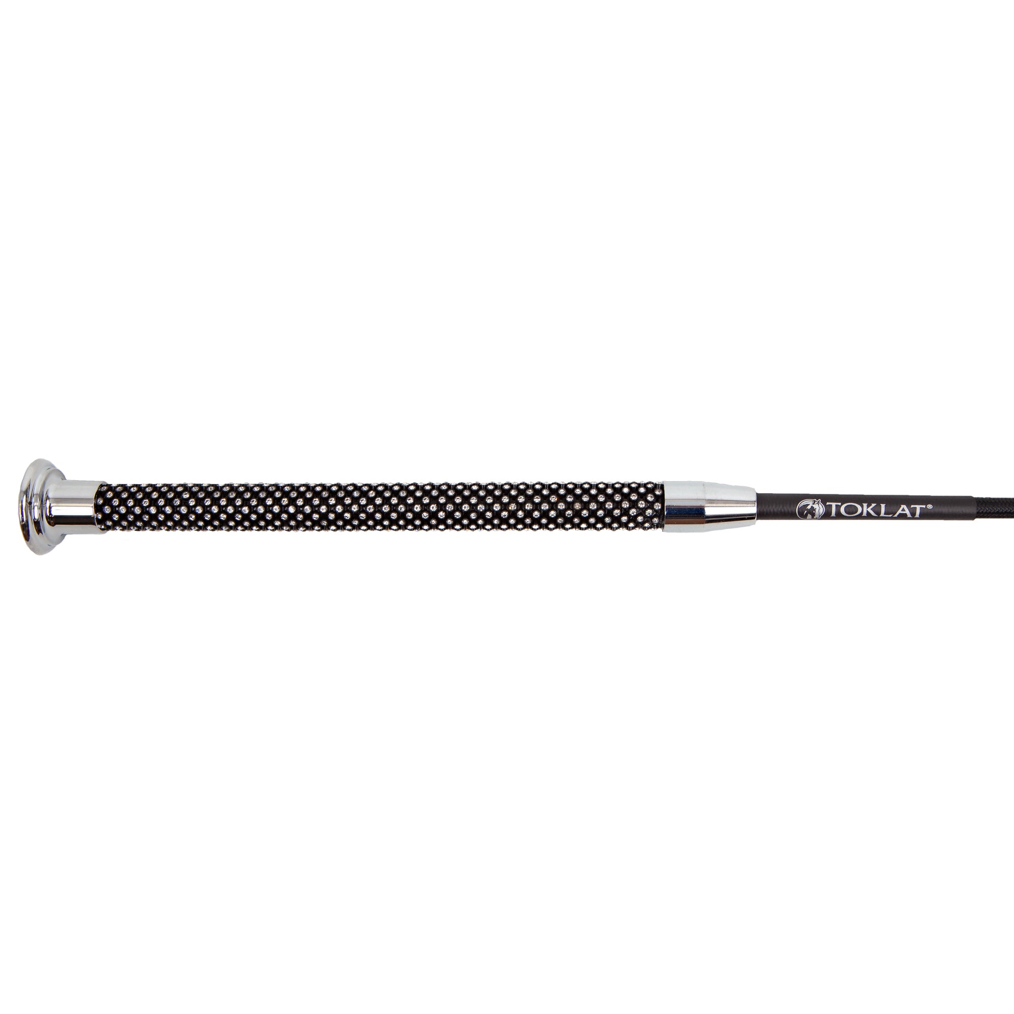 Close-up view of the handle on the Black Toklat Crystal Bling Handle Dressage Whip on a white background