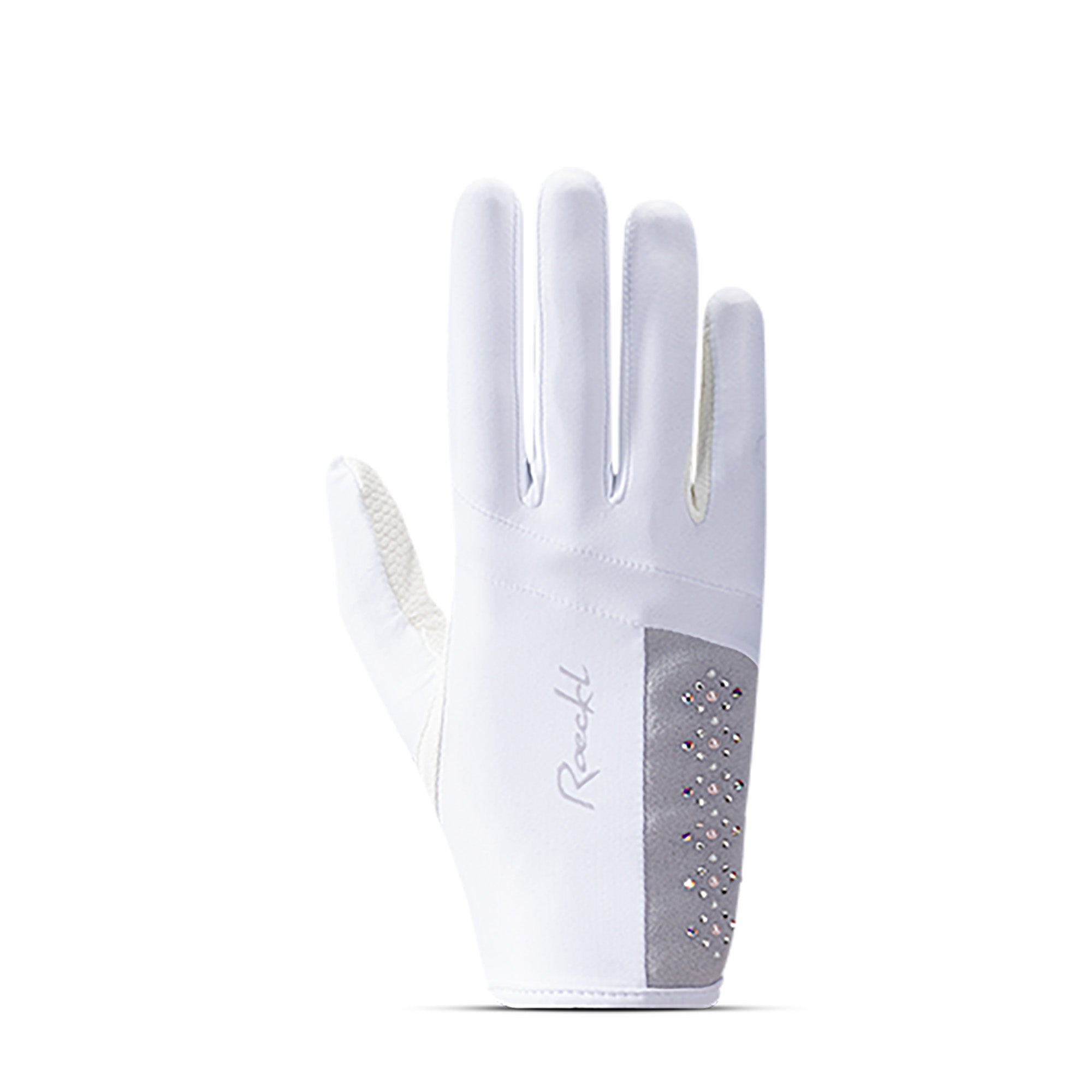 Backhand view of the white Roeckl Lillinoe Riding Gloves on a white background