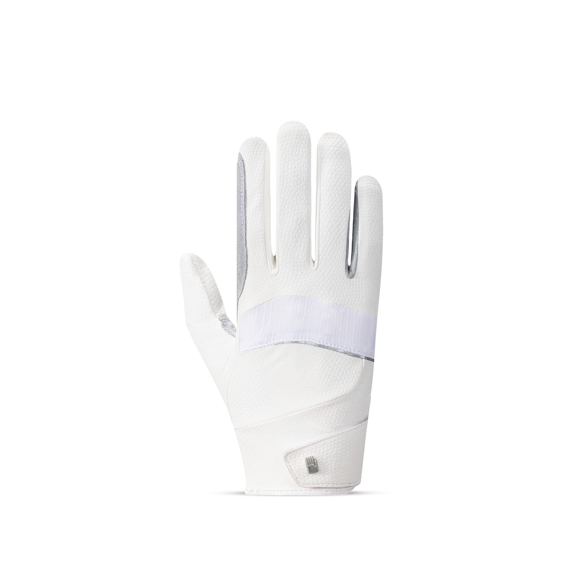 Backhand view of the white Roeckl Manecaress Riding Gloves on a white background