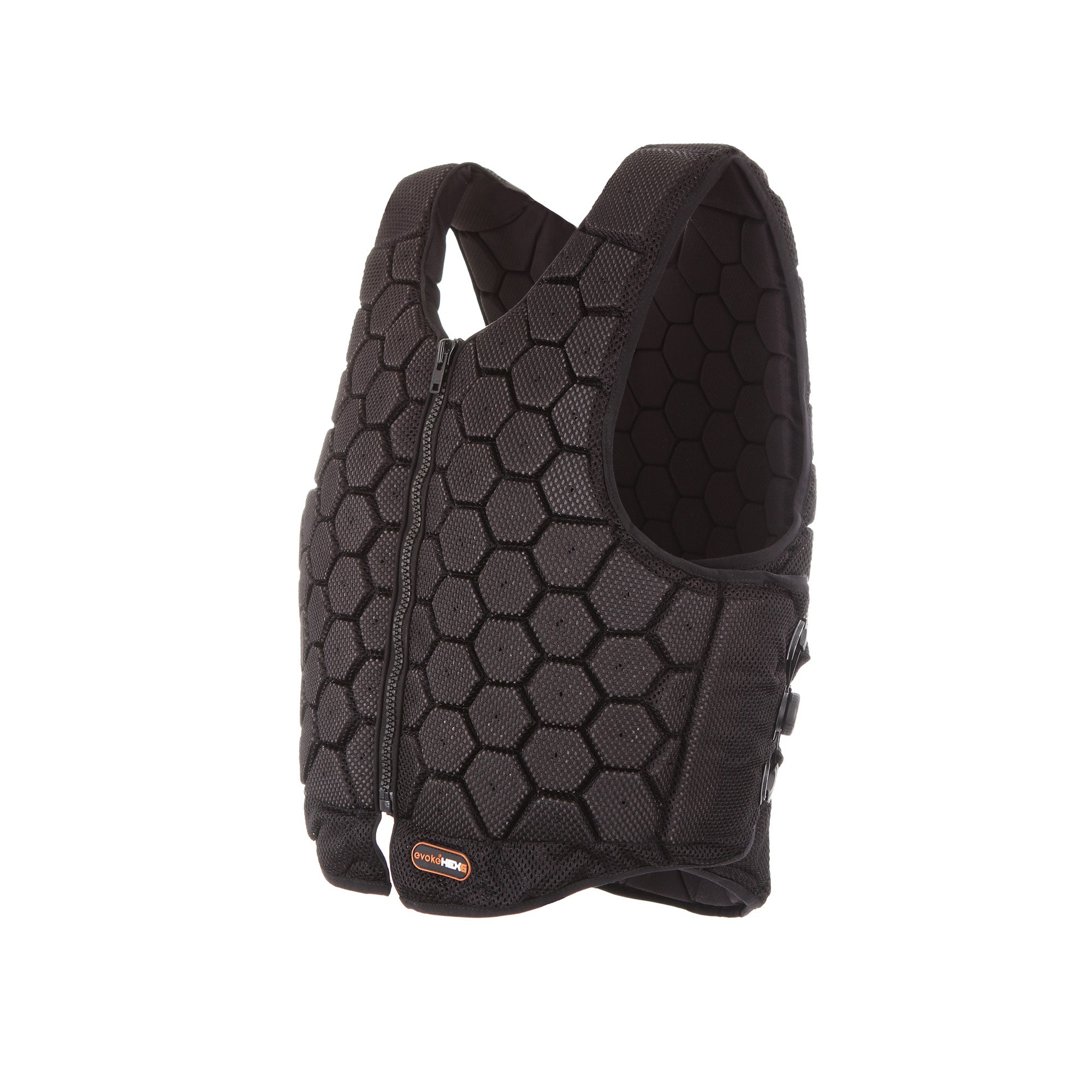 Angled front view of the Evoke Hex6 Body Protector on a white background