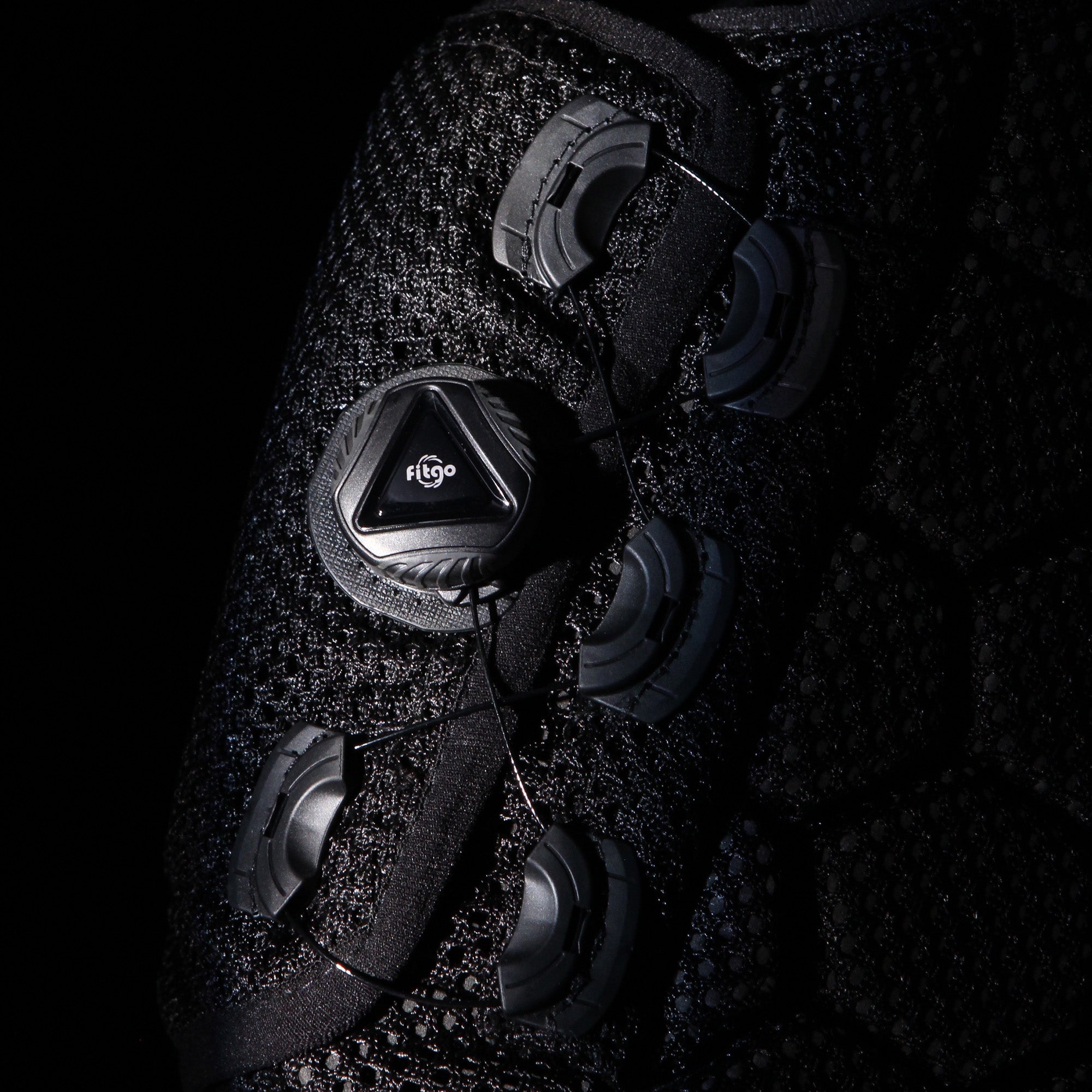 Close-up view of the side adjustment on the Front view of the Evoke Hex6 Body Protector