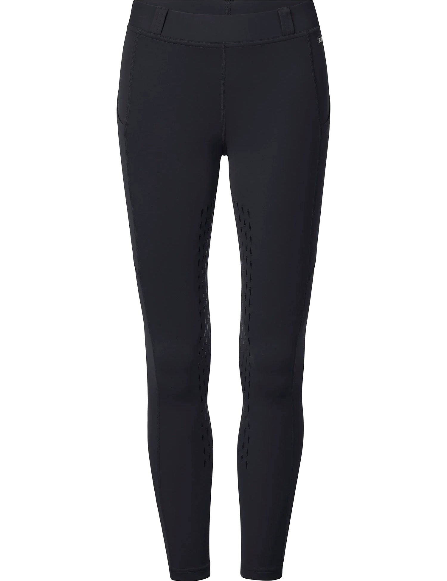 Front view of the black Kerrits Kids Coolcore Full Seat Tech Tights on a white background
