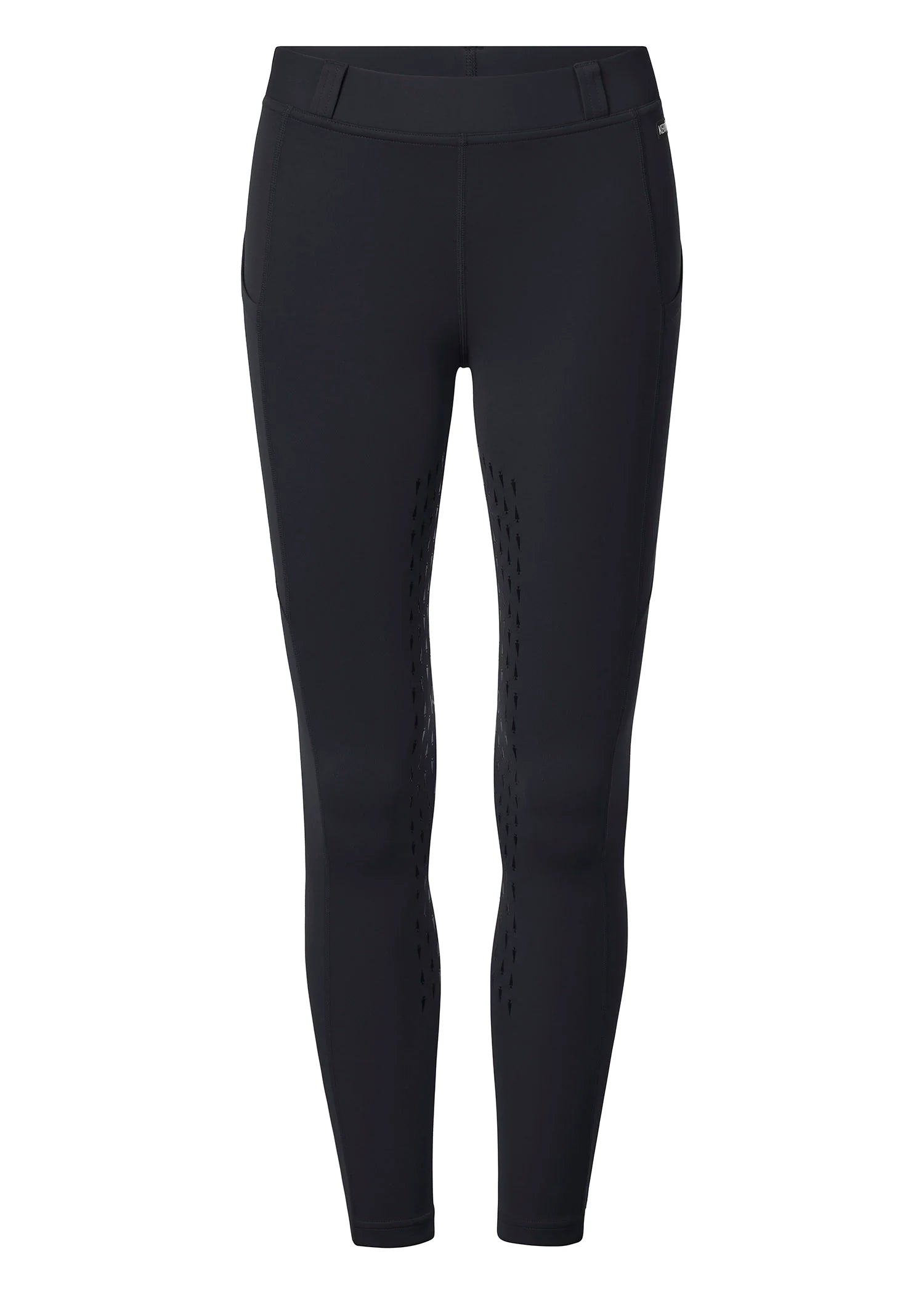 Front view of the black Kerrits Kids Coolcore Full Seat Tech Tights on a white background