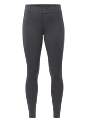 Gray knee patch riding breeches shown front view on a white background