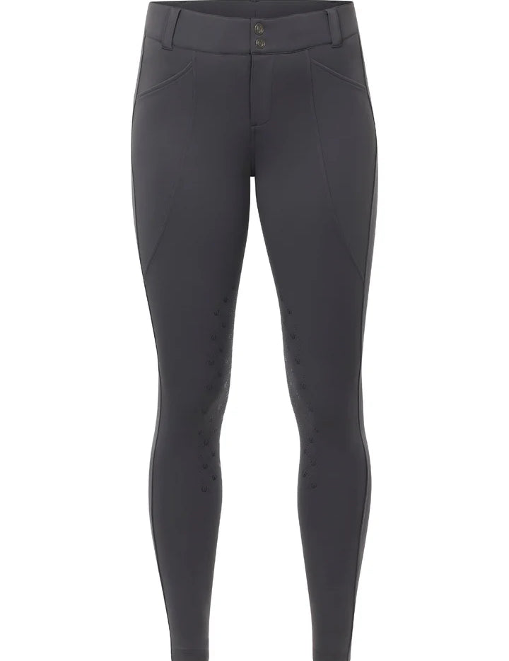 Gray knee patch riding breeches shown front view on a white background