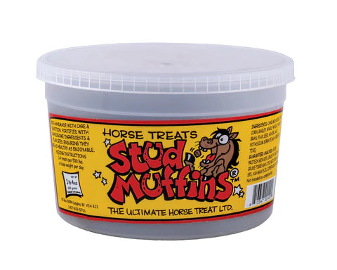 Front view of a 20 oz tub of Stud Muffins Original Horse Treats on a white background
