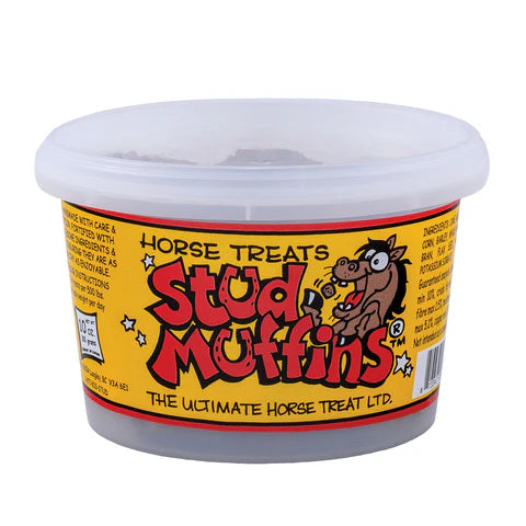 Front view of a 10 oz tub of Stud Muffins Original Horse Treats on a white background