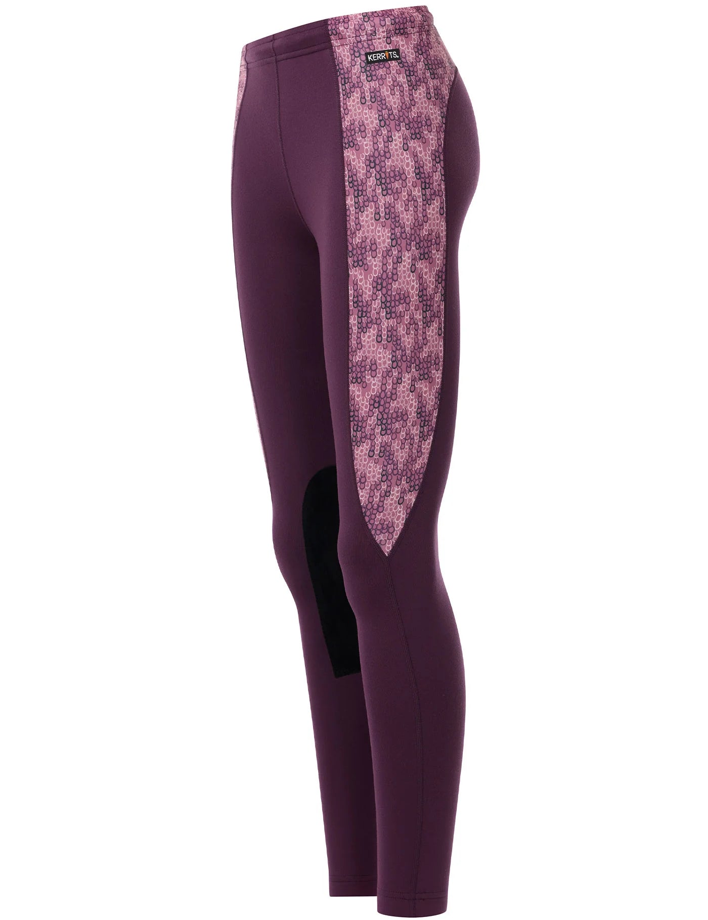 Side view of the purple Kerrits Kids Performance Knee Patch Riding Tight on a white background