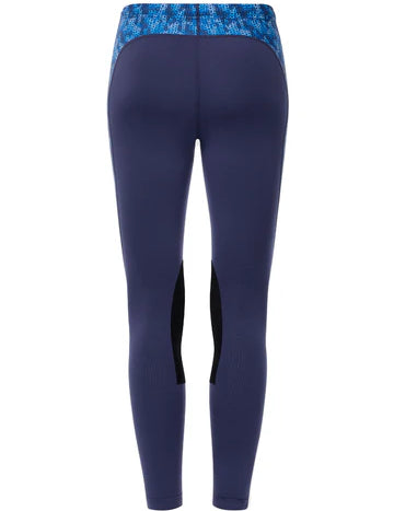 Navy riding tights with blue patterned side panels shown from the rear on a white background