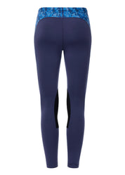 Navy riding tights with blue patterned side panels shown from the rear on a white background