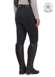 Angled back view of a model wearing the Kerrits 3-Season Tailored Full Seat Breeches in black on a white background