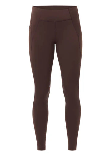 Brown riding tights shown front view on a white background