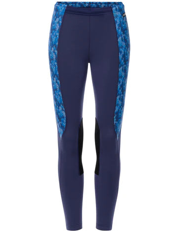 Navy riding tights with blue patterned side panels and knee patch grip shown front view on a white background