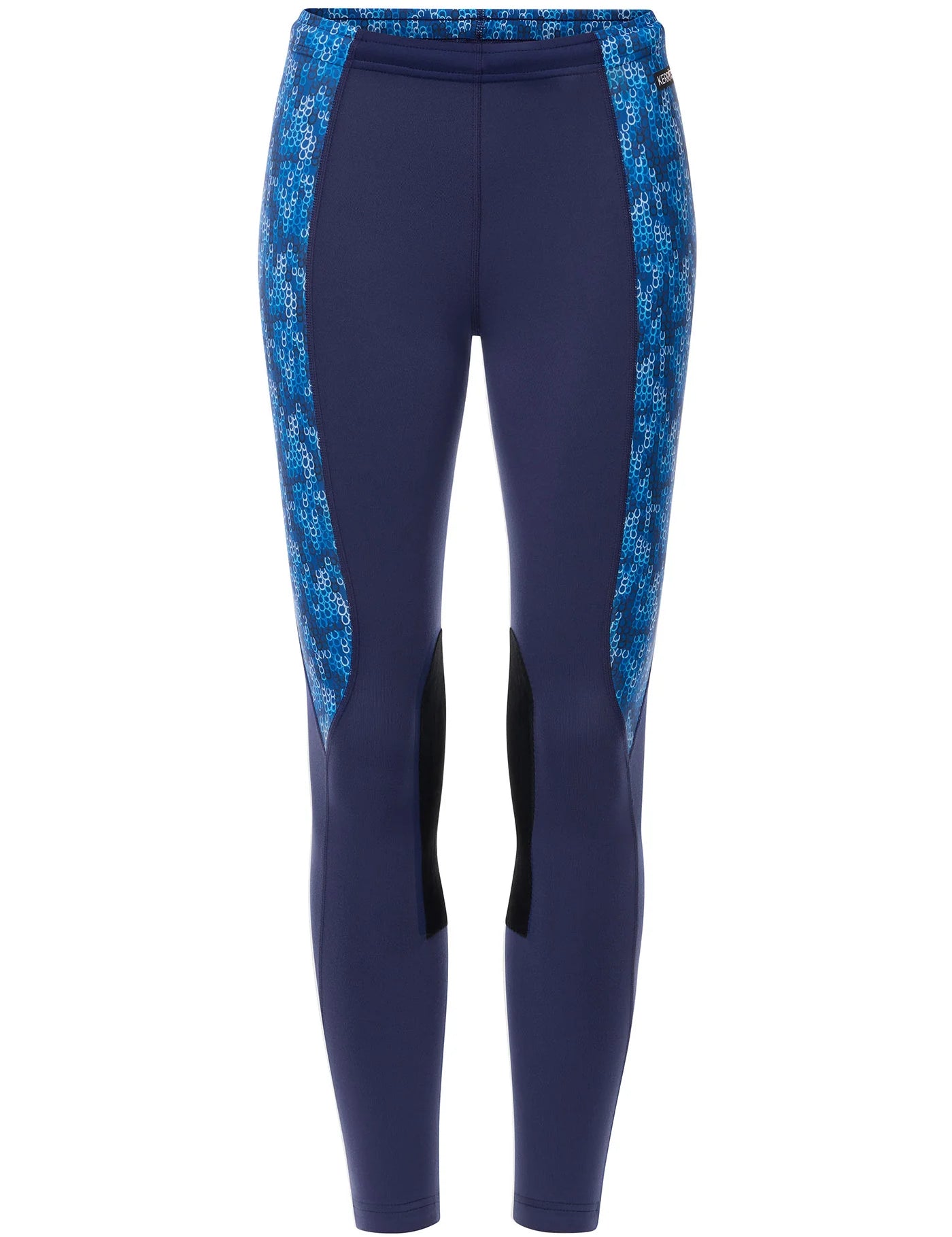 Navy riding tights with blue patterned side panels and knee patch grip shown front view on a white background