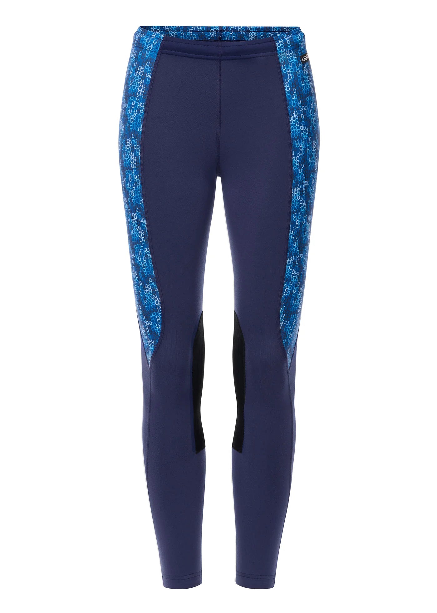 Navy riding tights with blue patterned side panels and knee patch grip shown front view on a white background