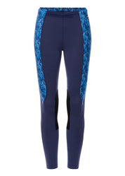 Navy riding tights with blue patterned side panels and knee patch grip shown front view on a white background