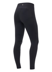 Black riding tights shown from the rear on a white background