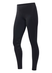 Black riding tights with knee patch grip shown front view on a white background