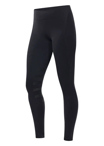 Black riding tights with knee patch grip shown front view on a white background
