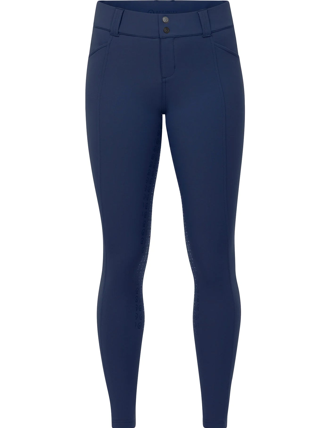 Front view of the blue Kerrits Affinity Pro Full Seat Breech on a white background