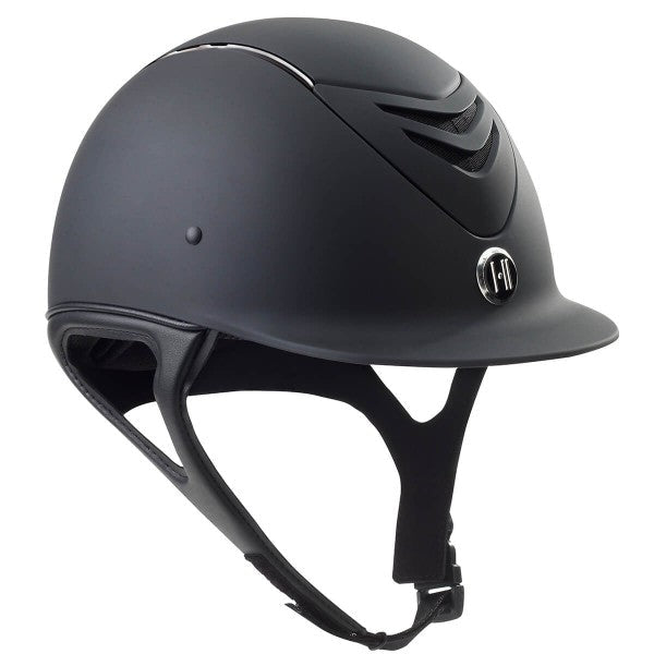 Angled front view of the black chrome stripe OneK Mips CCS Helmet on a white background