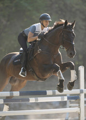 Rider jumping a horse while wearing black short sleeve riding shirt with white stripe detail