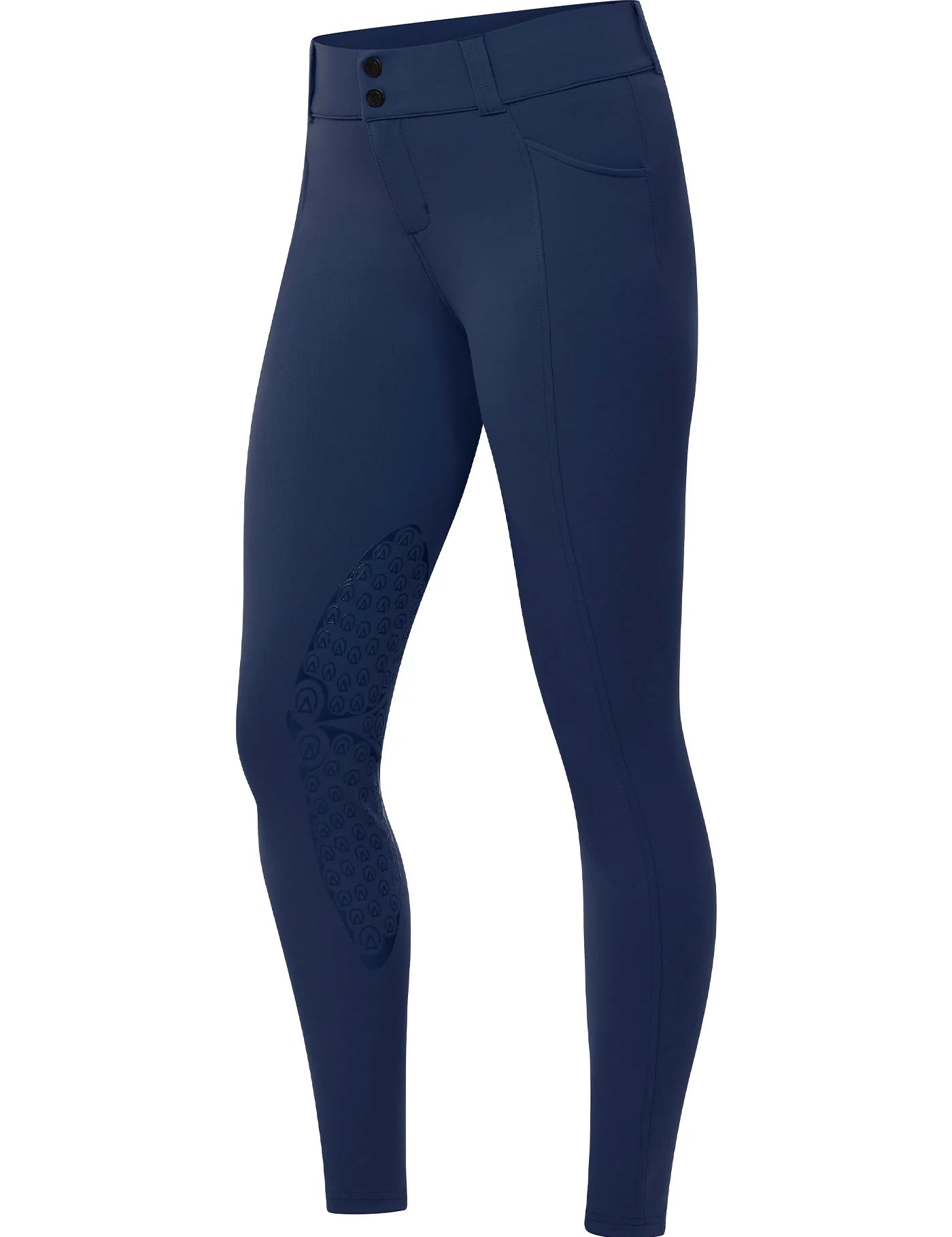 Side view of the blue Kerrits Affinity Pro Knee Patch Breech on a white background