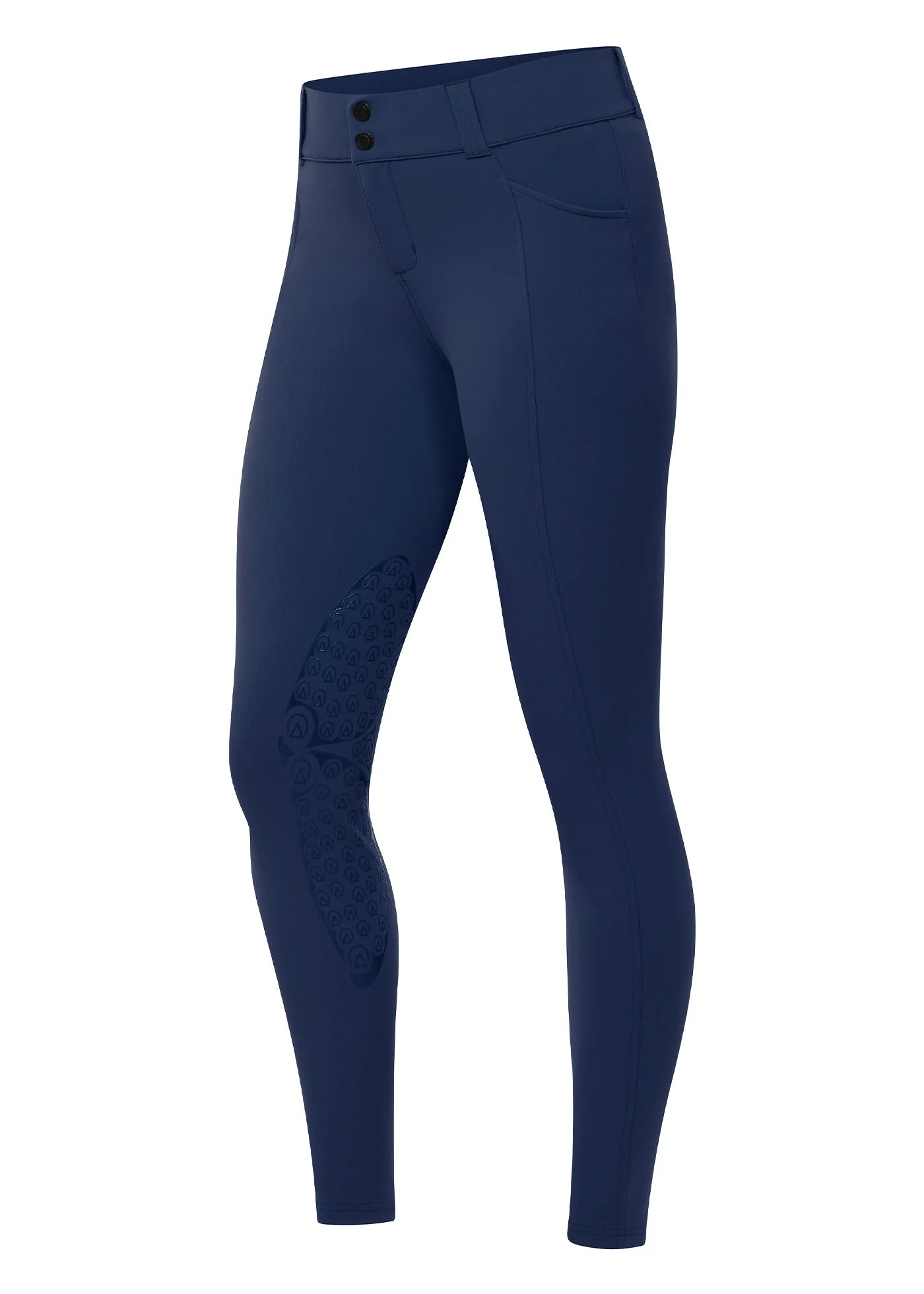 Side view of the blue Kerrits Affinity Pro Knee Patch Breech on a white background