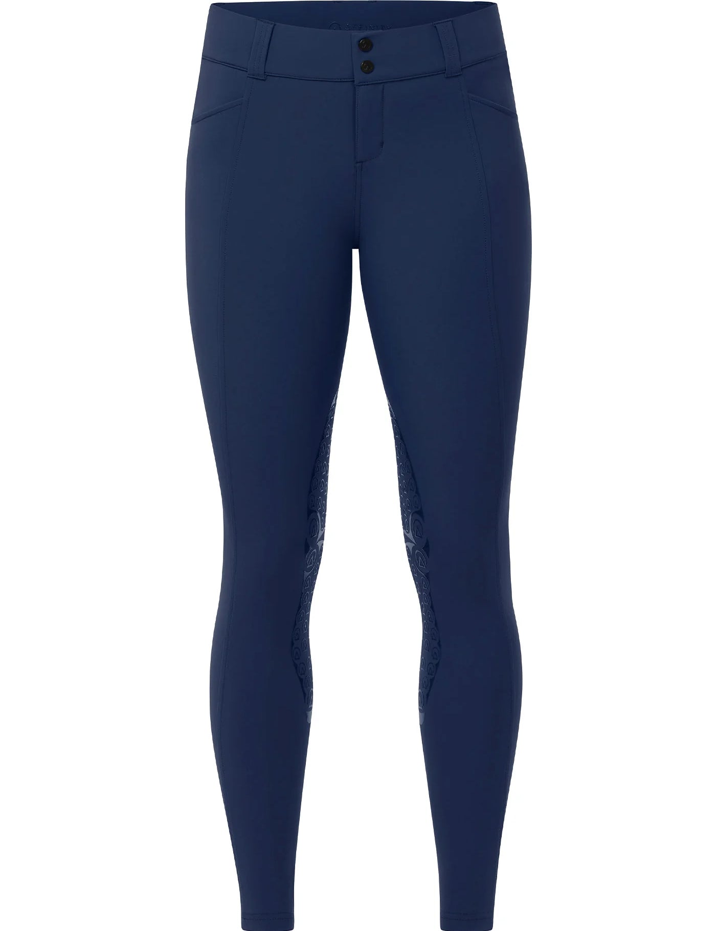 Front view of the blue Kerrits Affinity Pro Knee Patch Breech on a white background