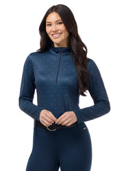 Front view of a female model wearing the Nightfall Lucky Dots Kerrits In the Zone Coolcore Long Sleeve Riding Shirt on a plain background