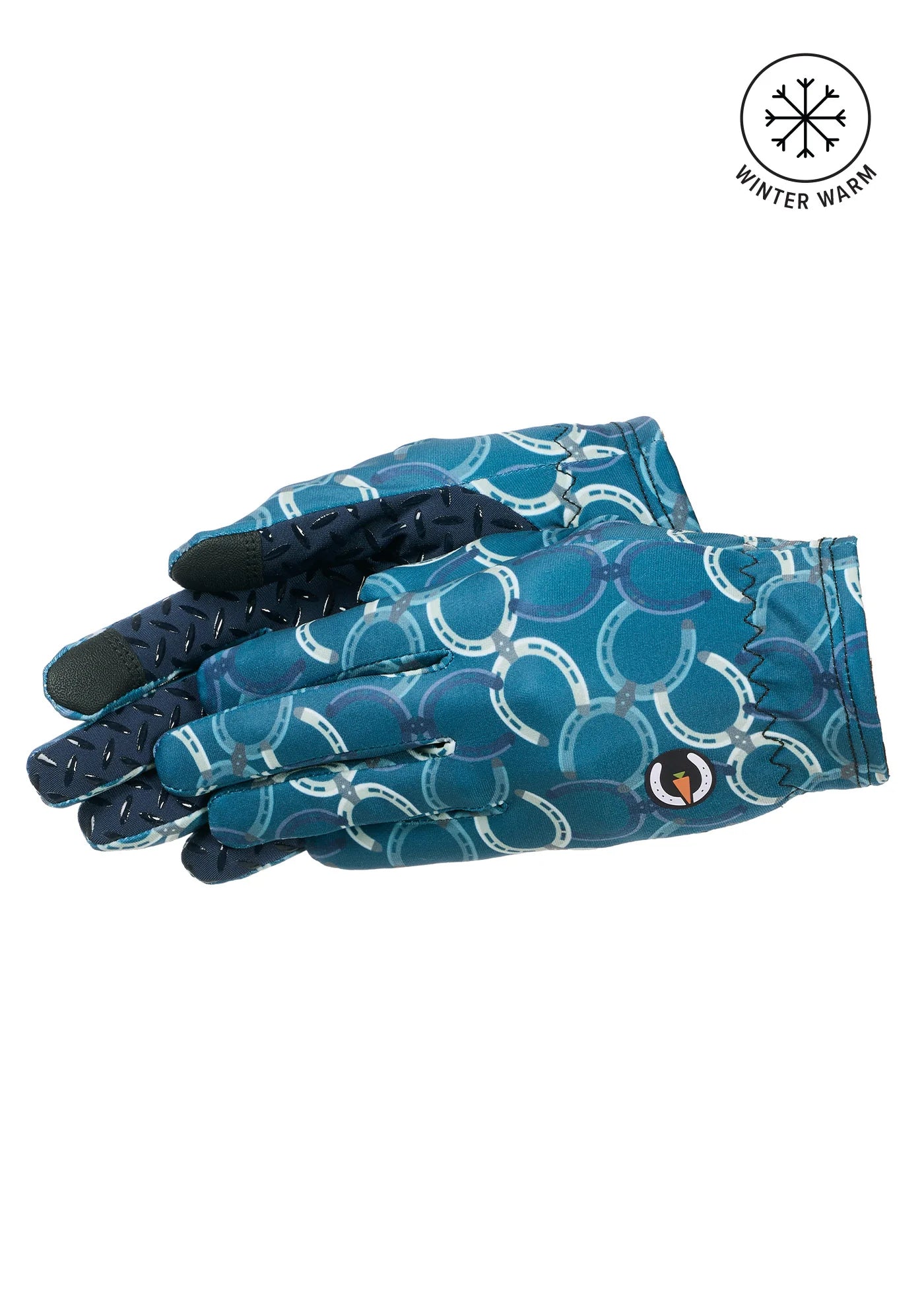 View of a pair of Jasper Horseshoe Honeycomb Kerrits Kids Thermo Tech Riding Gloves on a white background