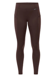 Brown riding tights with full leg grip shown front view on a white background