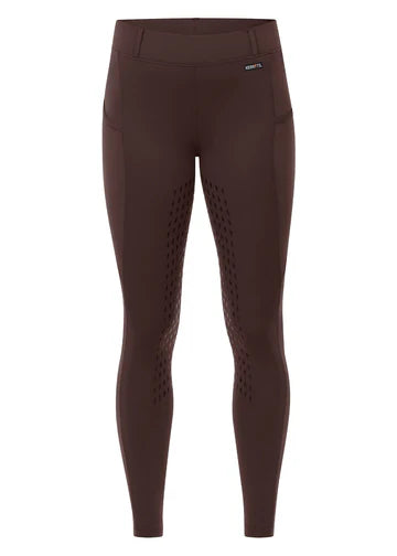 Brown riding tights with full leg grip shown front view on a white background