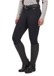Angled front view of a model wearing the Kerrits 3-Season Tailored Full Seat Breeches in black on a white background