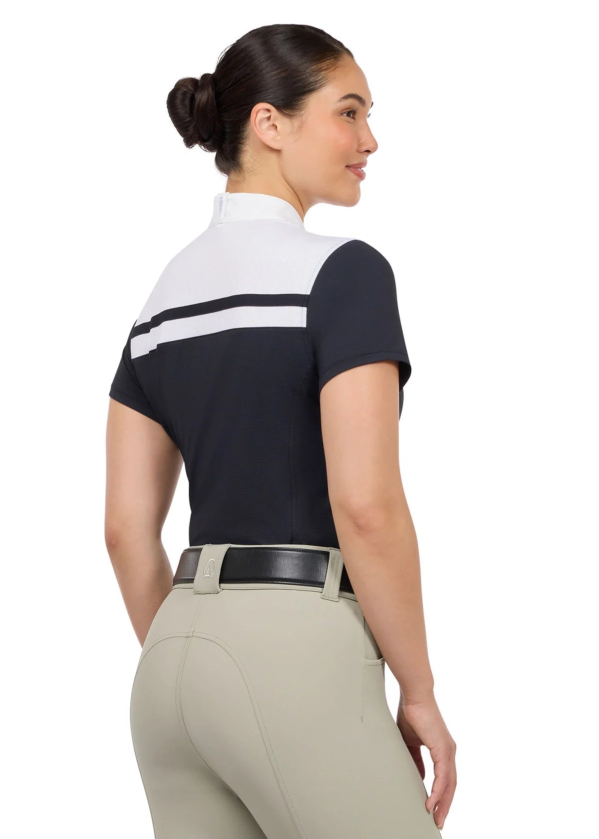 Woman wearing black short sleeve riding shirt with white stripe detail, rear view