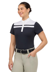 Woman wearing black short sleeve riding shirt with white stripe detail, front view